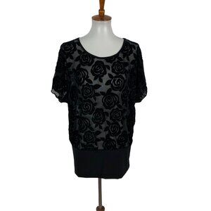 Suzy Shier Top Large Black Short Sleeve Sheer Blouse Night Out Clubwear Sexy